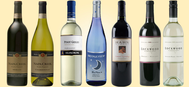 Napa Creek Merlot, Napa Creek Chardonnay, Mezzacorona Pinot Grigio, Bridgeview Blue Moon Riesling, Hahn Cabernet Sauvignon, Lockwood Sauvignon Blanc, Lockwood Merlot