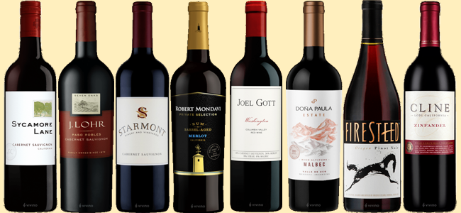 Sycamore Lane Cabernet Sauvignon, J. Lohr 7 Oaks Cabernet Sauvignon, Starmont Cabernet Sauvignon, Vint by Robert Mondavi Merlot, Joel Gott Red Blend, Doña Paula Estate Malbec, Firesteed Pinot Noir, Cline Zinfandel