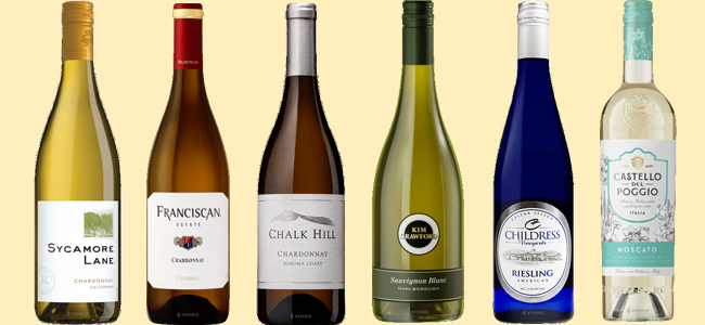 Sycamore Lane Chardonnay, Franciscan Chardonnay, Chalk Hill Chardonnay, Kim Crawford Sauvignon Blanc, Childress Riesling, Castello del Poggio Moscato